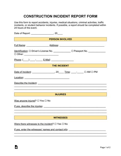 construction site accident report form template